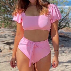 High-Waist Pink Puff-Sleeve Bikini Set with Front Tie